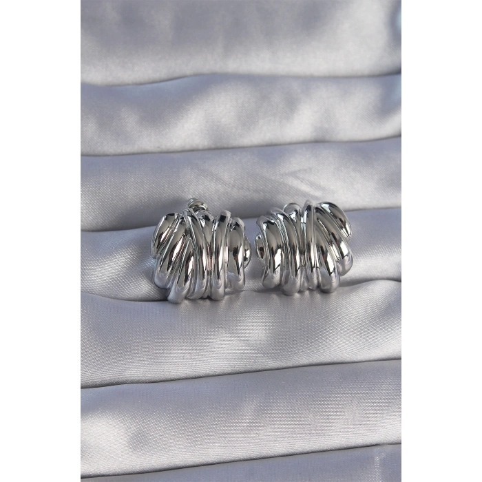 HEYF Pirinç Gümüş Renk Tırtıklı Bombe Model Küpe