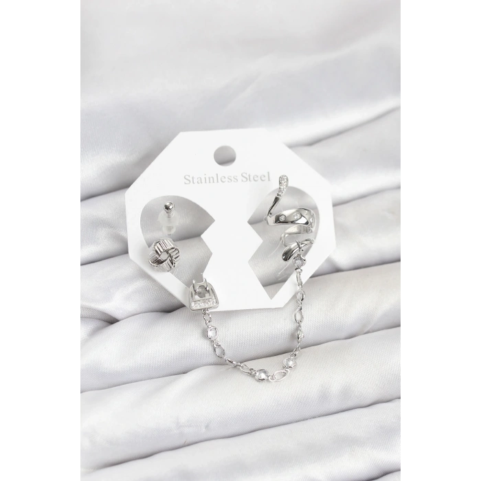 HEYF Pirinç Gümüş Renk Yılan Model Zincir Bağlantılı Ear Cuff Küpe Seti