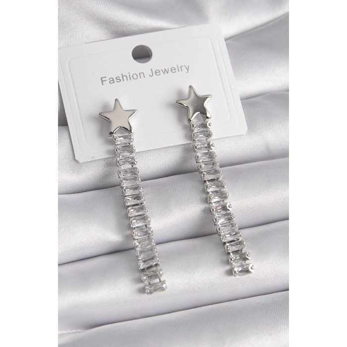 HEYF Pirinç Gümüş Renk Yıldız Model Su Yolu Zirkon Taş Kadın Küpe