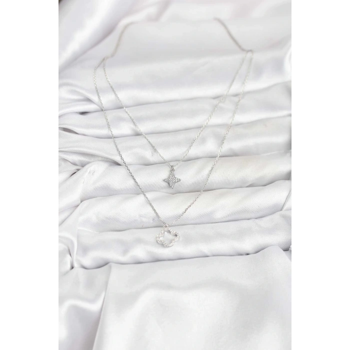 HEYF Pirinç Gümüş Renk Yonca Model 2li Kadın Kolye