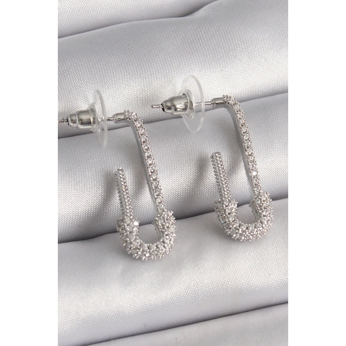 HEYF Pirinç Gümüş Renk Zirkon Taşlı Çengelli İğne Model Kadın Küpe