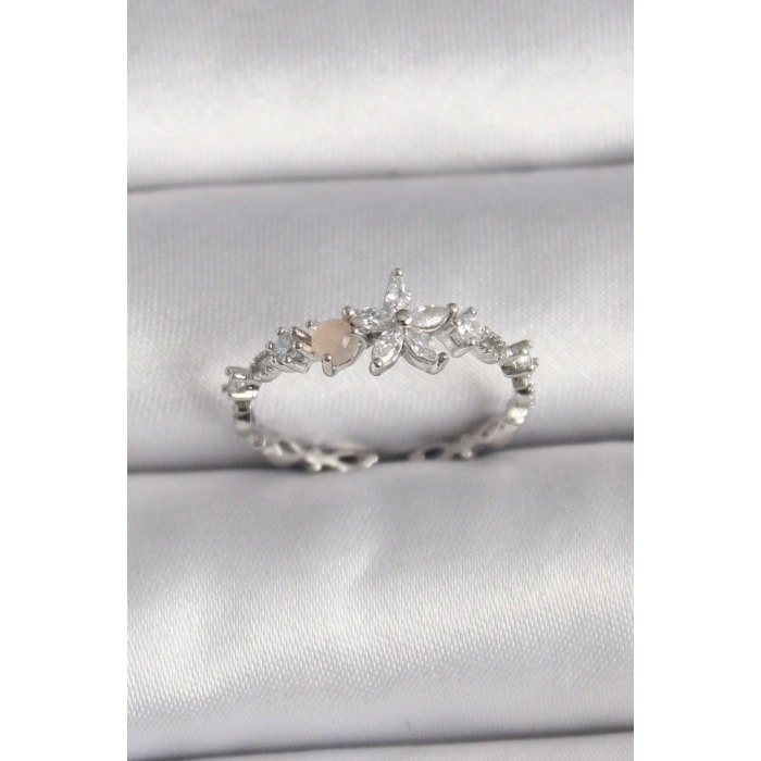 HEYF Pirinç Gümüş Renk Zirkon Taşlı Çiçek Model Ayarlanabilir Yüzük