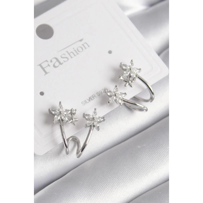 HEYF Pirinç Gümüş Renk Zirkon Taşlı Çiçek Model Kadın Küpe