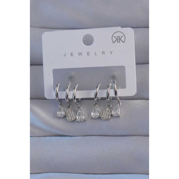 HEYF Pirinç Gümüş Renk Zirkon Taşlı Damla Model Çoklu Görünüm Yarım Halka Küpe