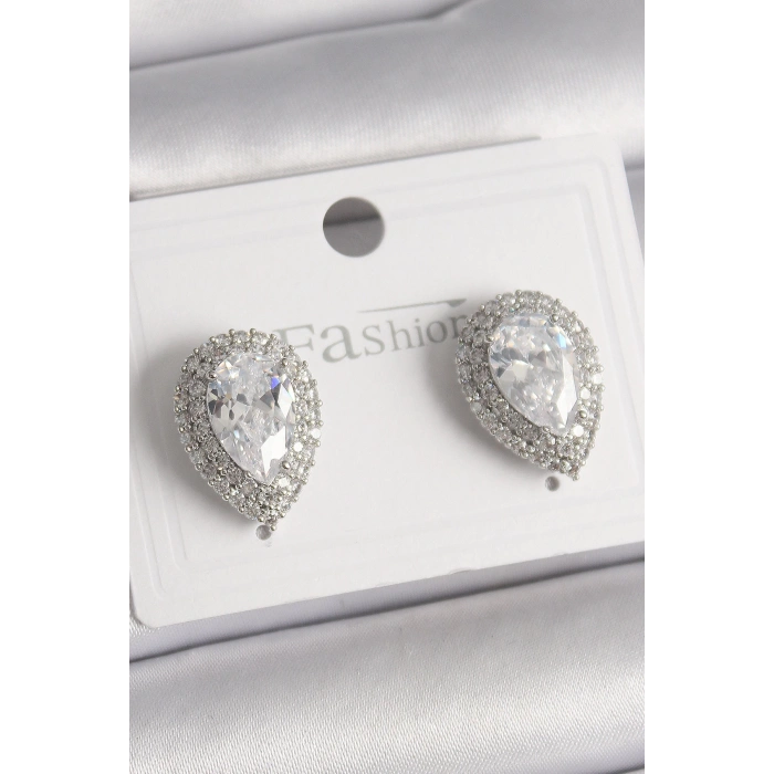 HEYF Pirinç Gümüş Renk Zirkon Taşlı Damla Model Kadın Küpe