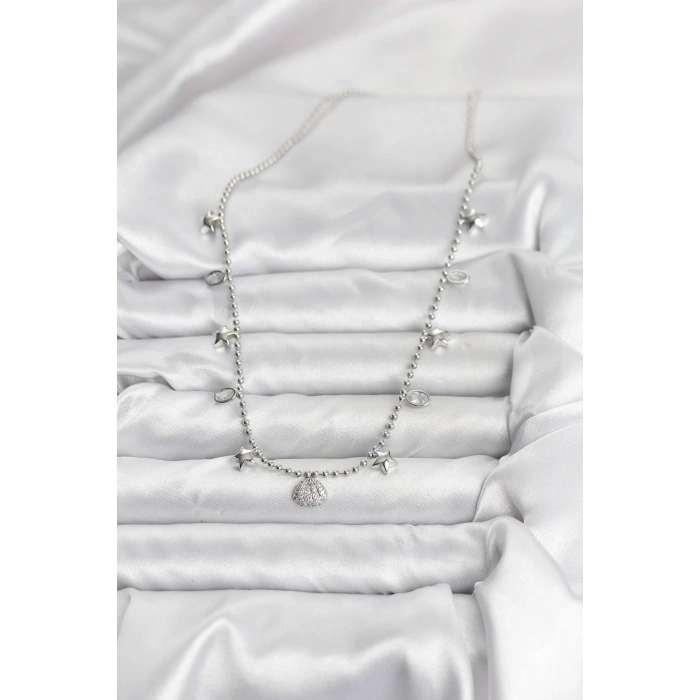 HEYF Pirinç Gümüş Renk Zirkon Taşlı Deniz Kabuğu Model Kadın Kolye