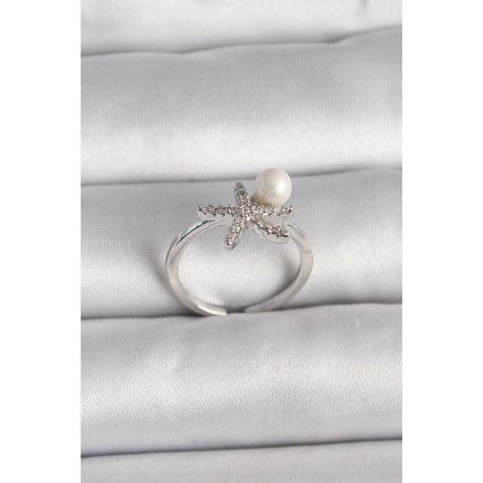 HEYF Pirinç Gümüş Renk Zirkon Taşlı Deniz Yıldızı Model İnci Detay Ayarlanabilir Yüzük