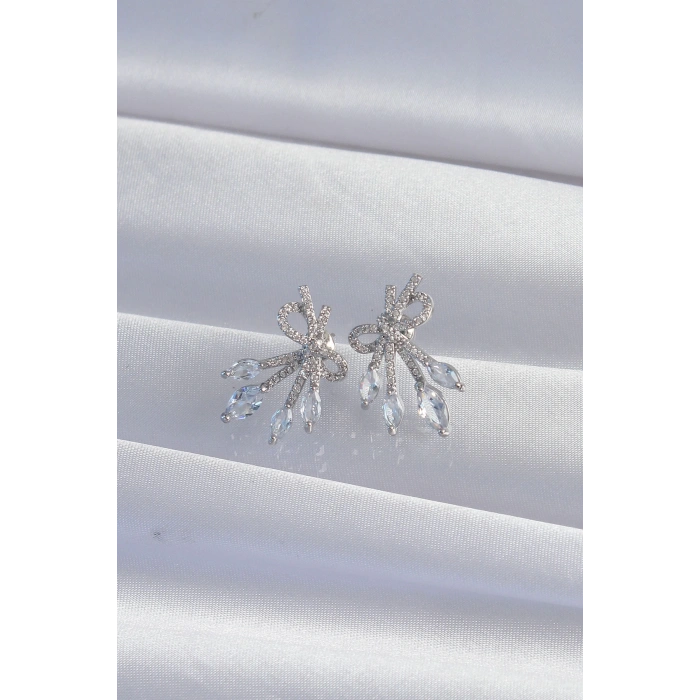 HEYF Pirinç Gümüş Renk Zirkon Taşlı Fiyonk Küpe