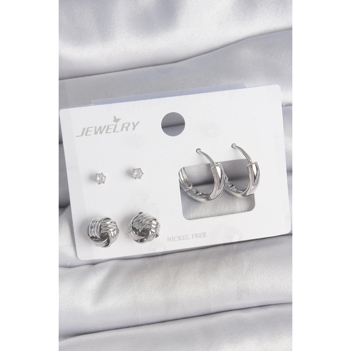 HEYF Pirinç Gümüş Renk Zirkon Taşlı Halka Model 3 Çift Kadın Küpe Seti