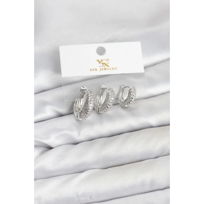 HEYF Pirinç Gümüş Renk Zirkon Taşlı Halka Model YSX Trio Küpe Seti