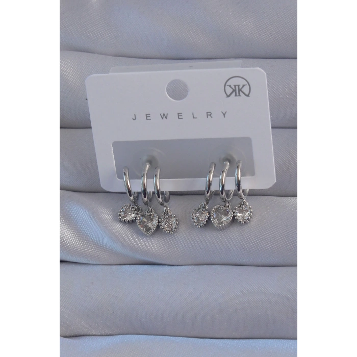 HEYF Pirinç Gümüş Renk Zirkon Taşlı Kalp Model Çoklu Görünüm Yarım Halka Küpe