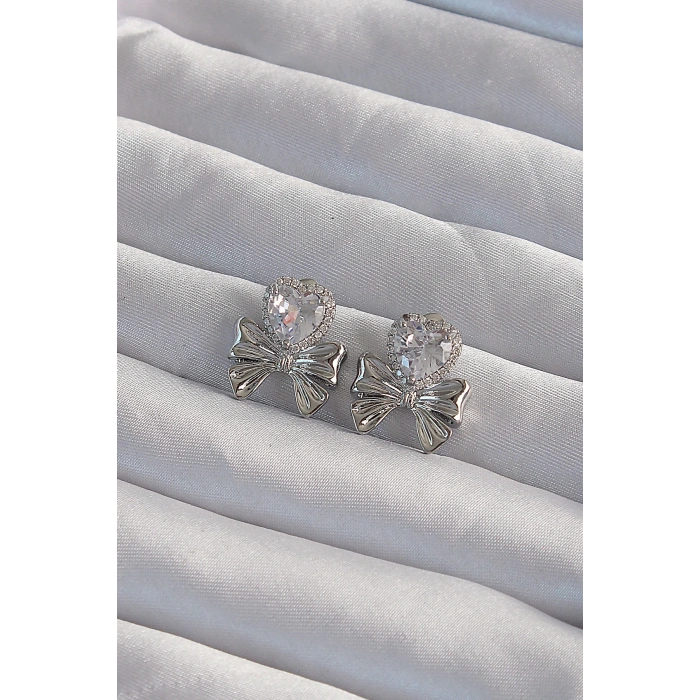 HEYF Pirinç Gümüş Renk Zirkon Taşlı Kalp Model Fiyonk Küpe