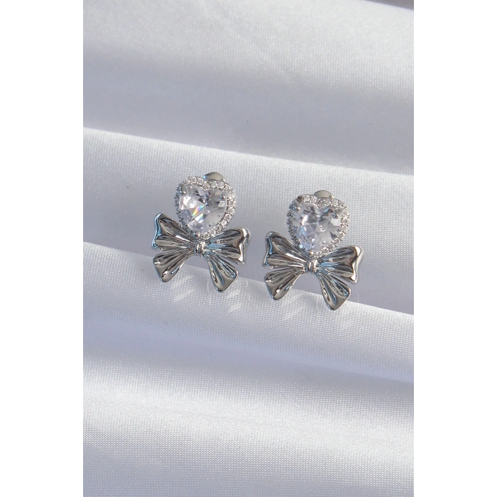 HEYF Pirinç Gümüş Renk Zirkon Taşlı Kalp Model Fiyonk Küpe