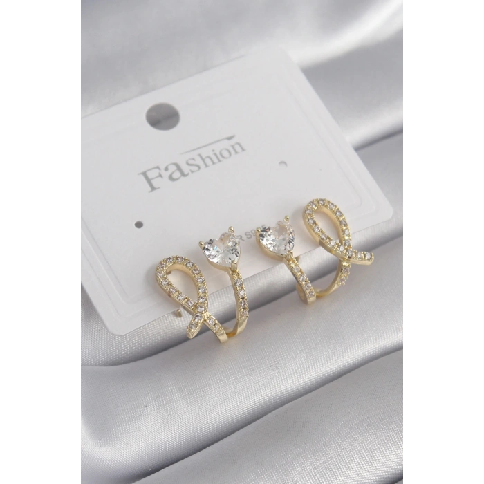 HEYF Pirinç Gümüş Renk Zirkon Taşlı Kalp Model Kadın Küpe