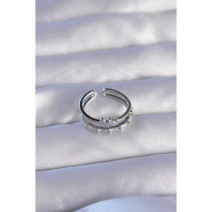 HEYF Pirinç Gümüş Renk Zirkon Taşlı Kalpli 2li Görünüm Ayarlanabilir Yüzük