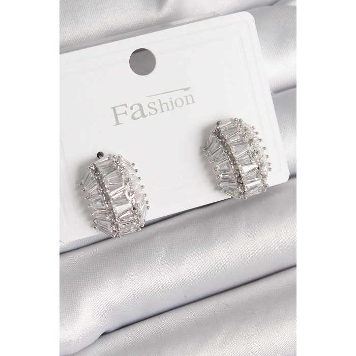 HEYF Pirinç Gümüş Renk Zirkon Taşlı Kaplumbağa Kabuğu Model Kadın Küpe