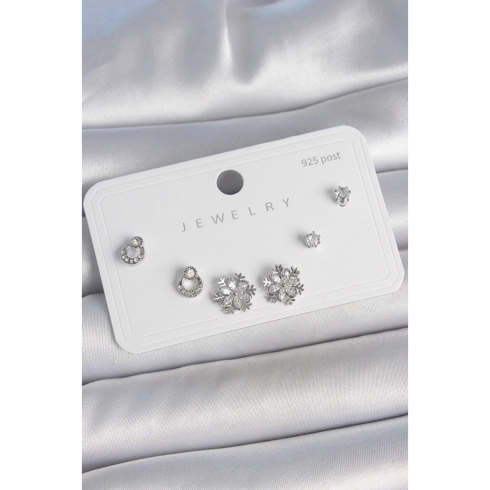 HEYF Pirinç Gümüş Renk Zirkon Taşlı Kar Tanesi Model 925 Ayar Gümüş Çivi Kadın Küpe Seti