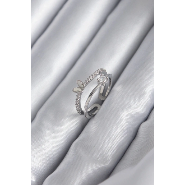 HEYF Pirinç Gümüş Renk Zirkon Taşlı Kelebek Model Kadın Yüzük