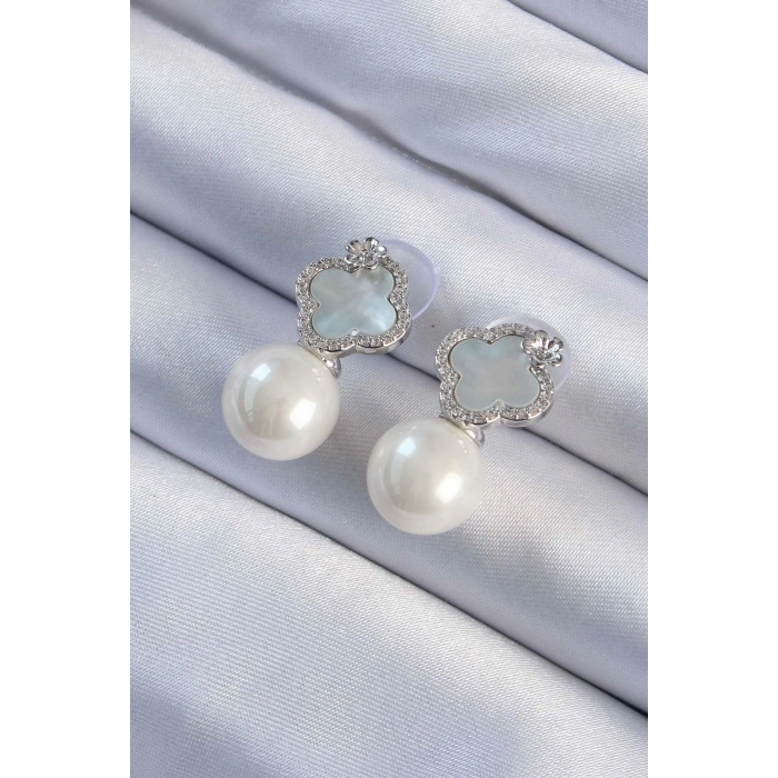 HEYF Pirinç Gümüş Renk Zirkon Taşlı Minimal Çiçek Tasarımlı Kadın Küpe