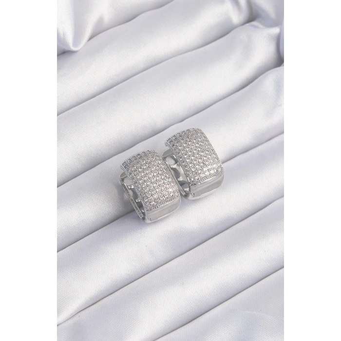 HEYF Pirinç Gümüş Renk Zirkon Taşlı Minimal Halka Küpe