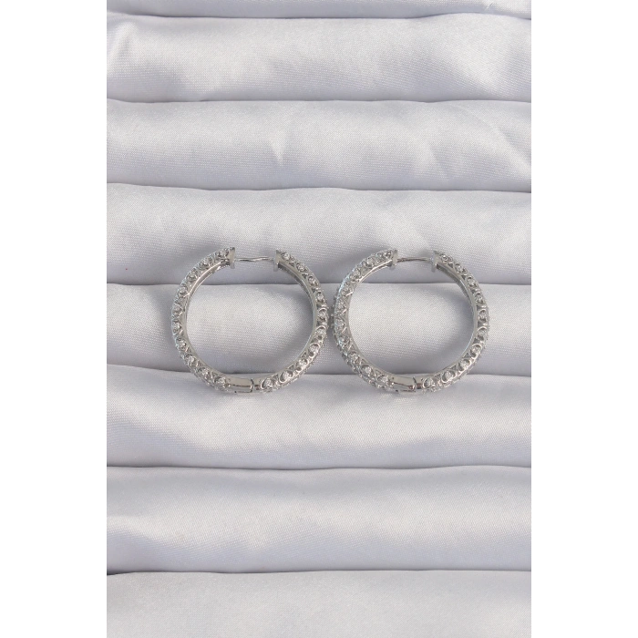 HEYF Pirinç Gümüş Renk Zirkon Taşlı Motifli Halka Küpe