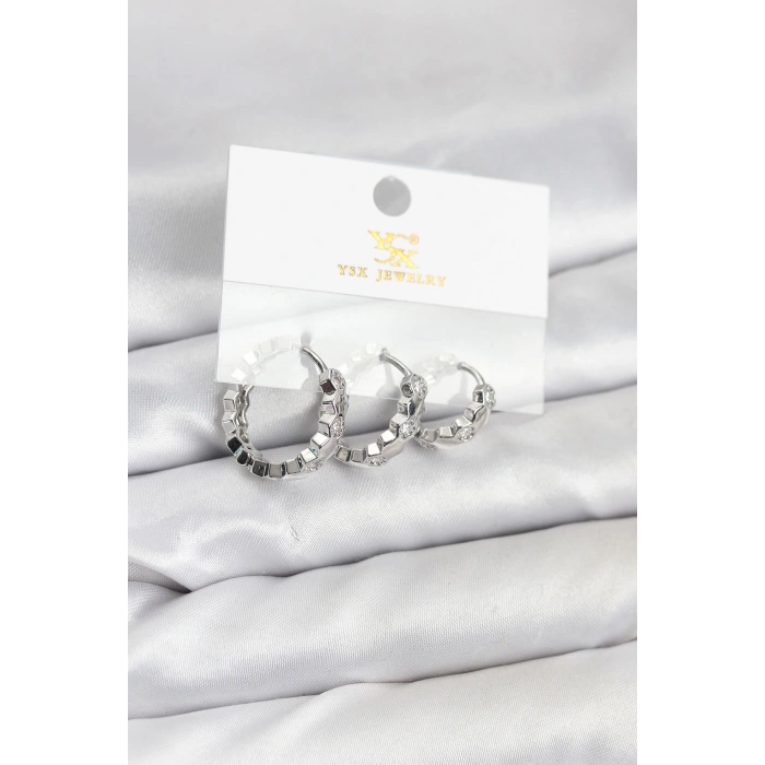 HEYF Pirinç Gümüş Renk Zirkon Taşlı Petek Halka Model YSX Trio Küpe Seti