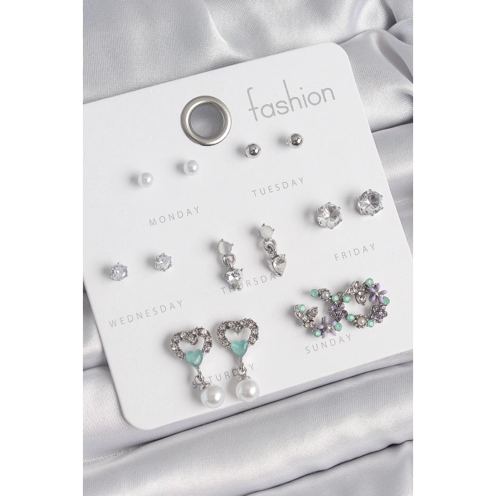 HEYF Pirinç Gümüş Renk Zirkon Taşlı Sallantılı Kalp Model Çiçek Detay 7 Çift Kadın Küpe Seti