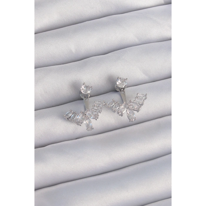 HEYF Pirinç Gümüş Renk Zirkon Taşlı V Model Küpe