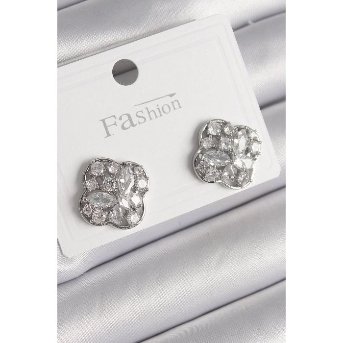 HEYF Pirinç Gümüş Renk Zirkon Taşlı Yonca Model Kadın Küpe