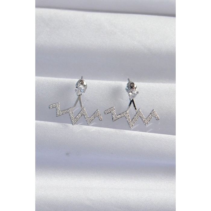 HEYF Pirinç Gümüş Renk Zirkon Taşlı Zikzak Küpe