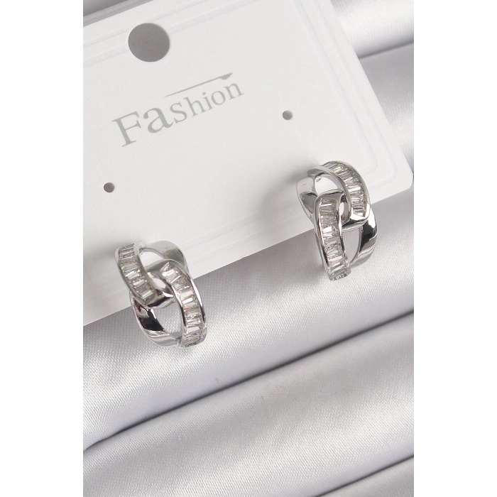 HEYF Pirinç Gümüş Renk Zirkon Taşlı Zincir Model Kadın Küpe