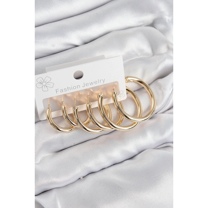 HEYF Pirinç Halka Model Gold Renk Kadın Set Küpe