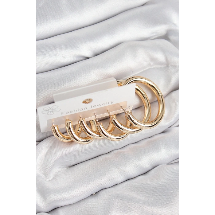 HEYF Pirinç Halka Model Gold Renk Kadın Set Küpe