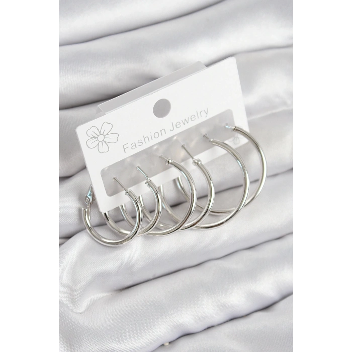 HEYF Pirinç Halka Model Gümüş Renk Kadın Set Küpe