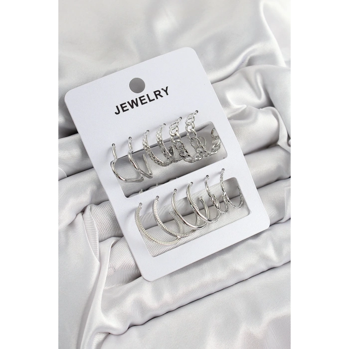 HEYF Pirinç Karışık Halka Model Gümüş Renk 6 Çift Kadın Küpe Set