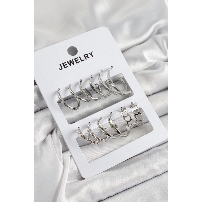HEYF Pirinç Karışık Halka Model Gümüş Renk 6 Çift Kadın Küpe Set
