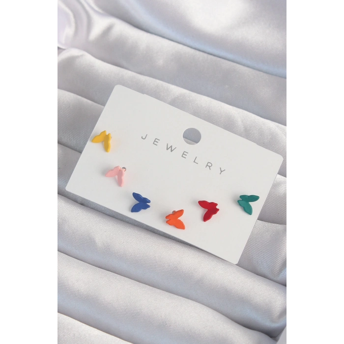 HEYF Pirinç Rengarenk Mineli Minimal Kelebek Küpe Seti