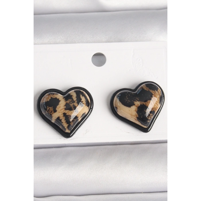HEYF Pirinç Siyah Renk Leopar Desen 3D Kalp Model Kadın Küpe