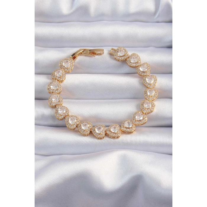 HEYF Pirinç Vip Seri Gold Renk Zirkon Taşlı Kalp Model Bileklik