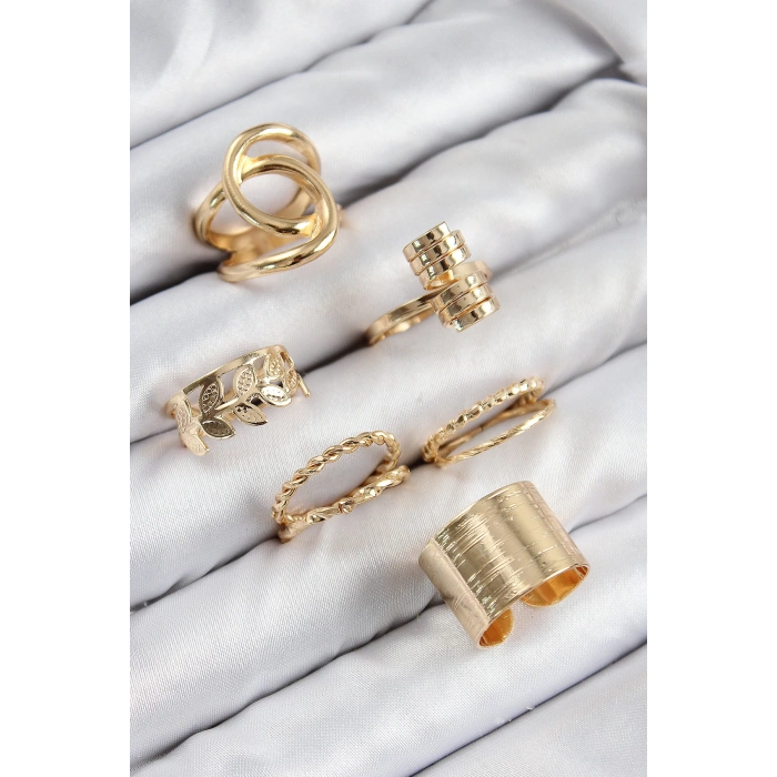 HEYF Pirinç Yaprak Model Gold Renk Kadın Yüzük Kombin Set