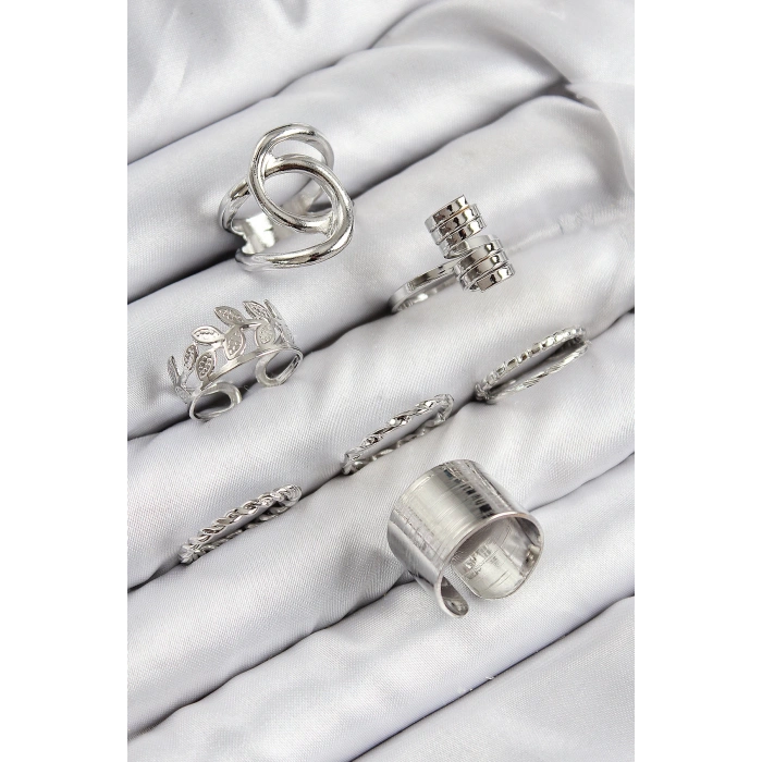 HEYF Pirinç Yaprak Model Gümüş Renk Kadın Yüzük Kombin Set