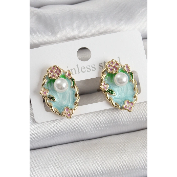 HEYF Pirinç Yeşil Mineli İnci Detaylı Sanatsal Portre Model Gold Renk Kadın Küpe