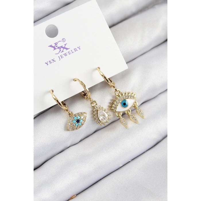 HEYF Pirinç Zirkon Taşlı 3lü Fatmanın Gözü Model Gold Renk Kadın Küpe