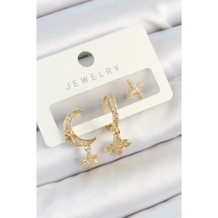 HEYF Pirinç Zirkon Taşlı Çiçek Ve Ay Model Gold Renk 3lü Çift Kadın Küpe Set