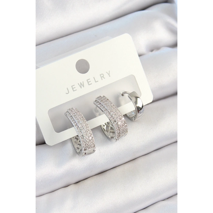 HEYF Pirinç Zirkon Taşlı Damla Model Gümüş Renk 3lü Çift Kadın Küpe Set