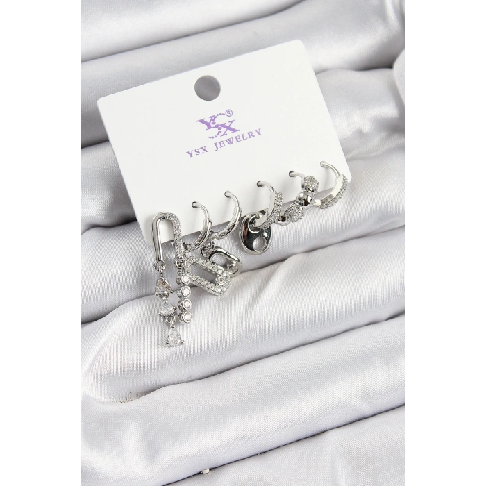 HEYF Pirinç Zİrkon Taşlı Dikdörtgen Model Gümüş Renk 3lü Çift Kadın Küpe