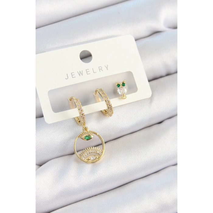 HEYF Pirinç Zirkon Taşlı Göz Ve Baykuş Model Gold Renk 3lü Çift Kadın Küpe Set