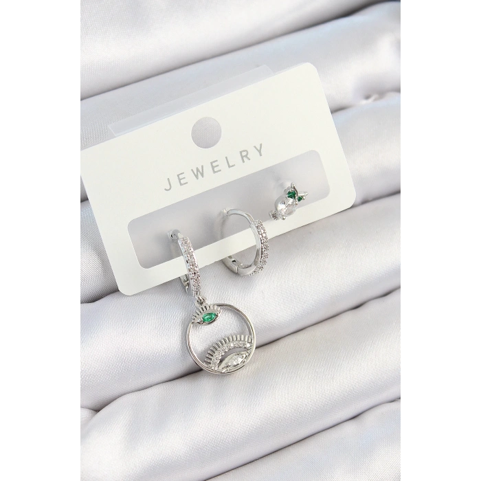 HEYF Pirinç Zirkon Taşlı Göz Ve Baykuş Model Gümüş Renk 3lü Çift Kadın Küpe Set