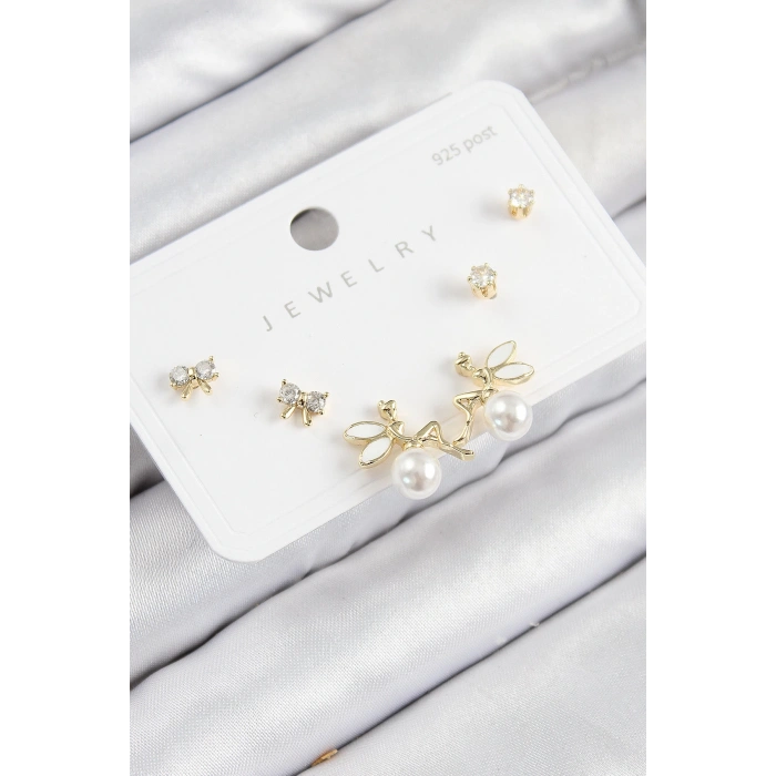 HEYF Pirinç Zirkon Taşlı İnci Melek Model Gold Renk 925 Ayar Gümüş Çivi Kadın Küpe Set