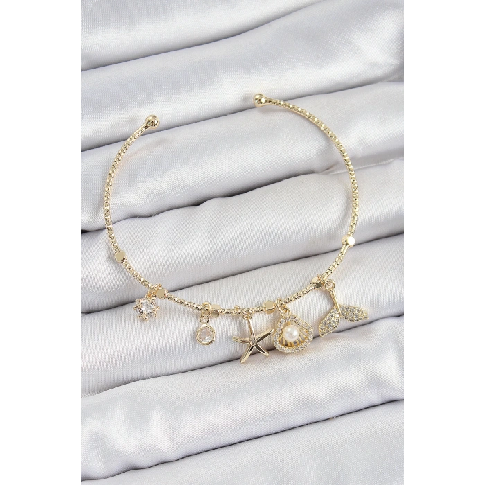 HEYF Pirinç Zirkon Taşlı İstiridye Ve Deniz Yıldızı Model Gold Renk Charm Bileklik